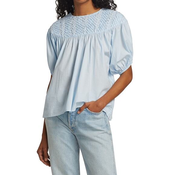 Merlette Tops - NWOT Merlette Paz Light Blue Puff-Sleeve Smocked Cotton Blouse Top Size Small